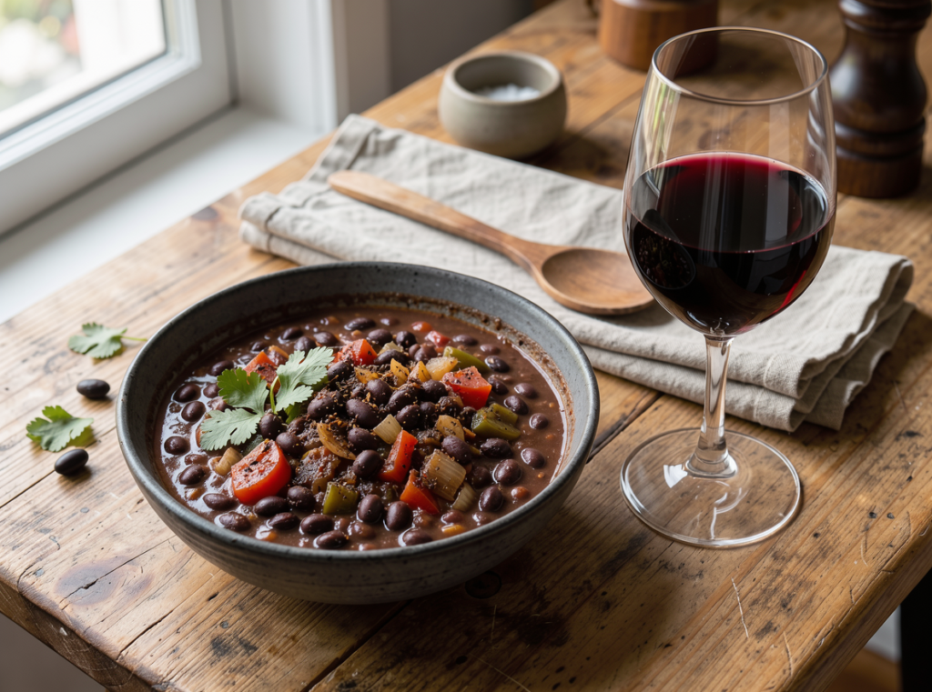 Bowl of black bean chili with a glass of Malbec red wine