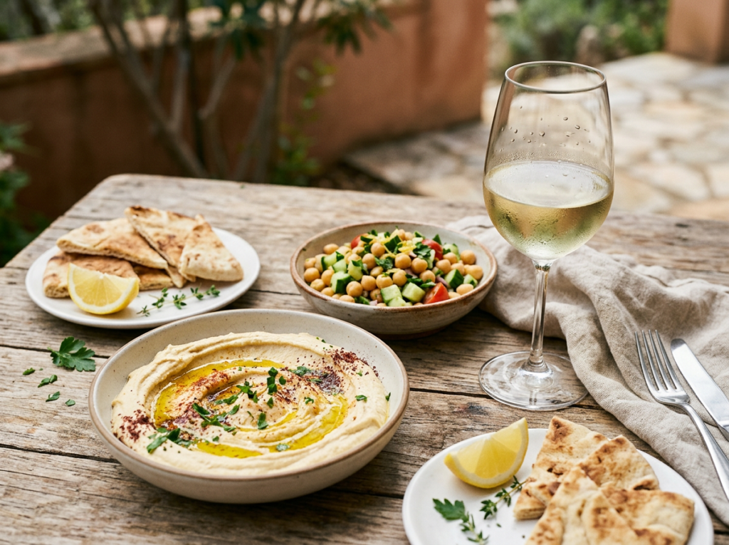 Hummus and chickpea salad with a glass of Albariño white wine