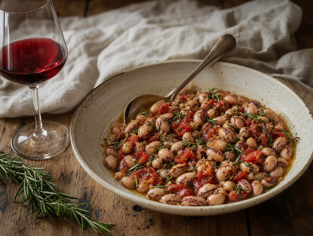 Braised cranberry beans with a glass of Pinot Noir