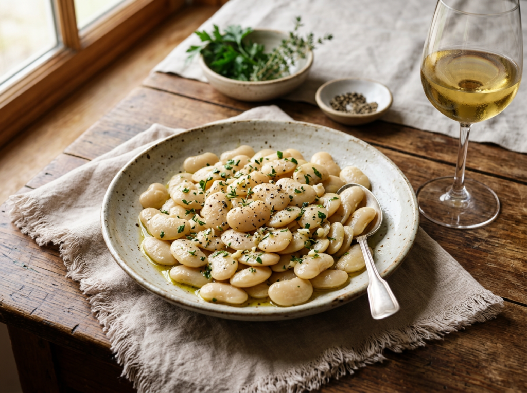 Large lima butter beans with herbs and a glass of Chardonnay
